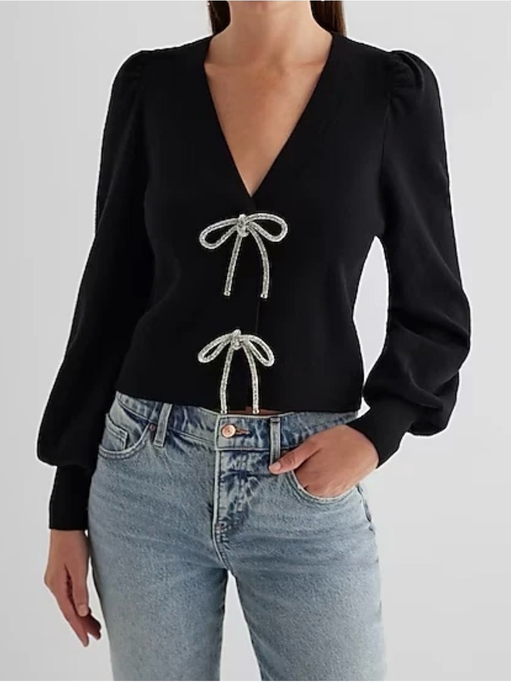 NWT Express Black V-Neck Knit Top with Rhinestone Bow Details SzM MSRP $108